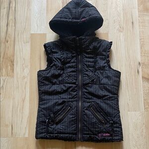 Billabong Puffer Vest Ruffles Hood Black Grey Large